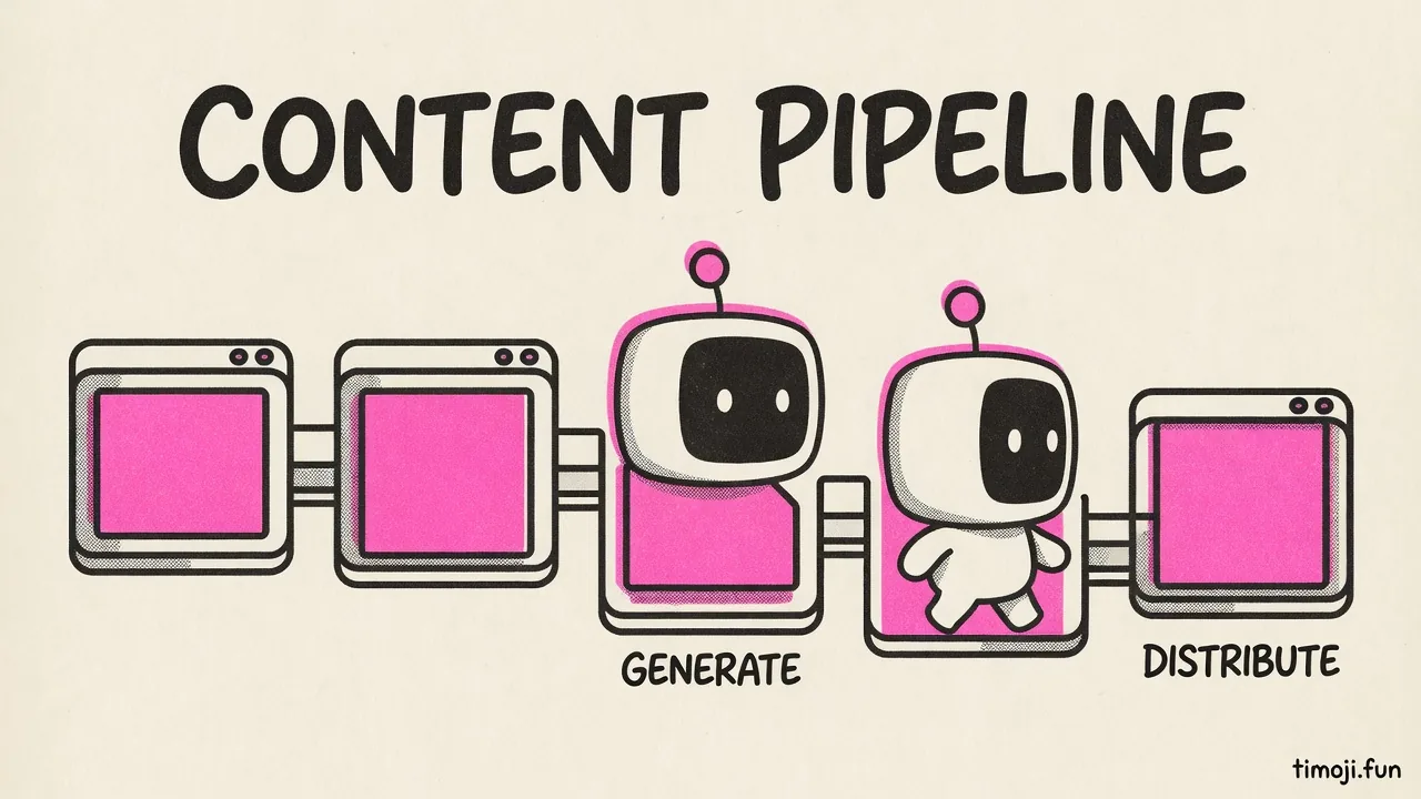 Explainer diagram: a content pipeline as five stations with Blip walking through