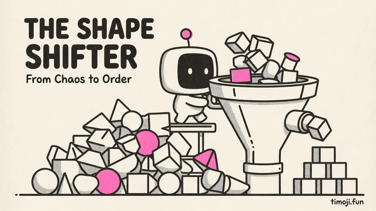 Editorial illustration: Blip cranks a huge funnel turning many shapes into one cube