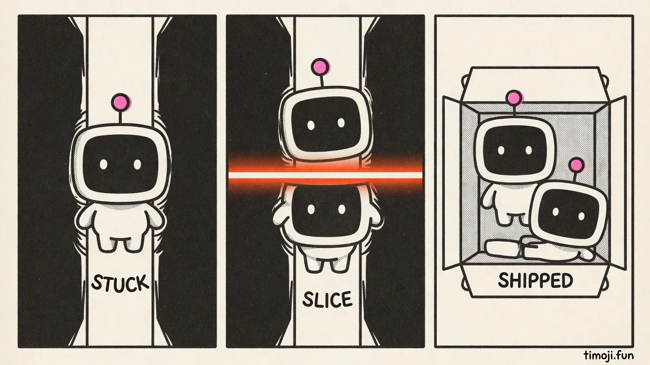 Three-panel mini-comic with Blip: stuck, slice, shipped