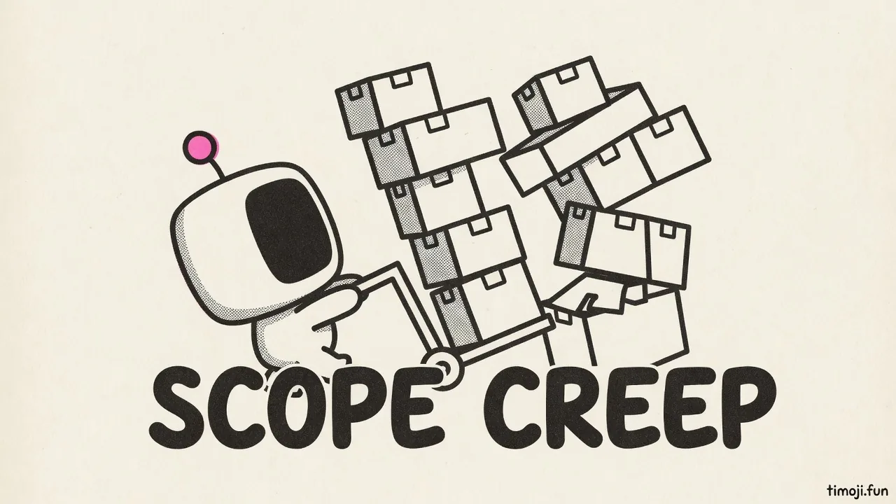 Article scene: scope creep as a leaning tower of crates with Blip pushing